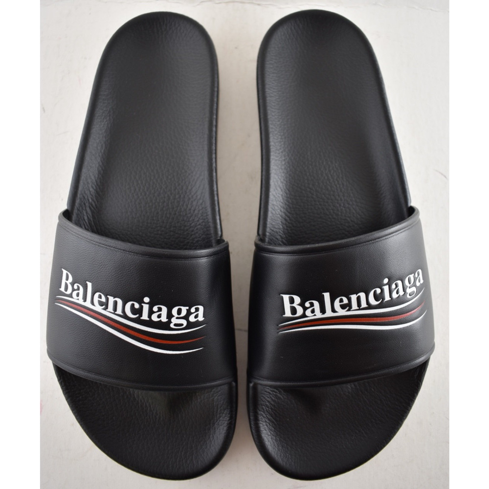 Balenciaga Black Leather Campaign Logo Slide Pool Sandal Flip Flop Flat 44 11 - Picture 10 of 15